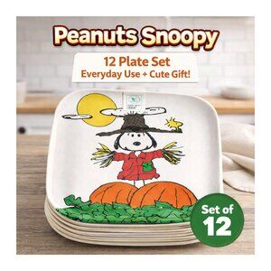 Peanuts Snoopy Square Dinner Plates Set of 12 Woodstock Pumpkin Design Serving
